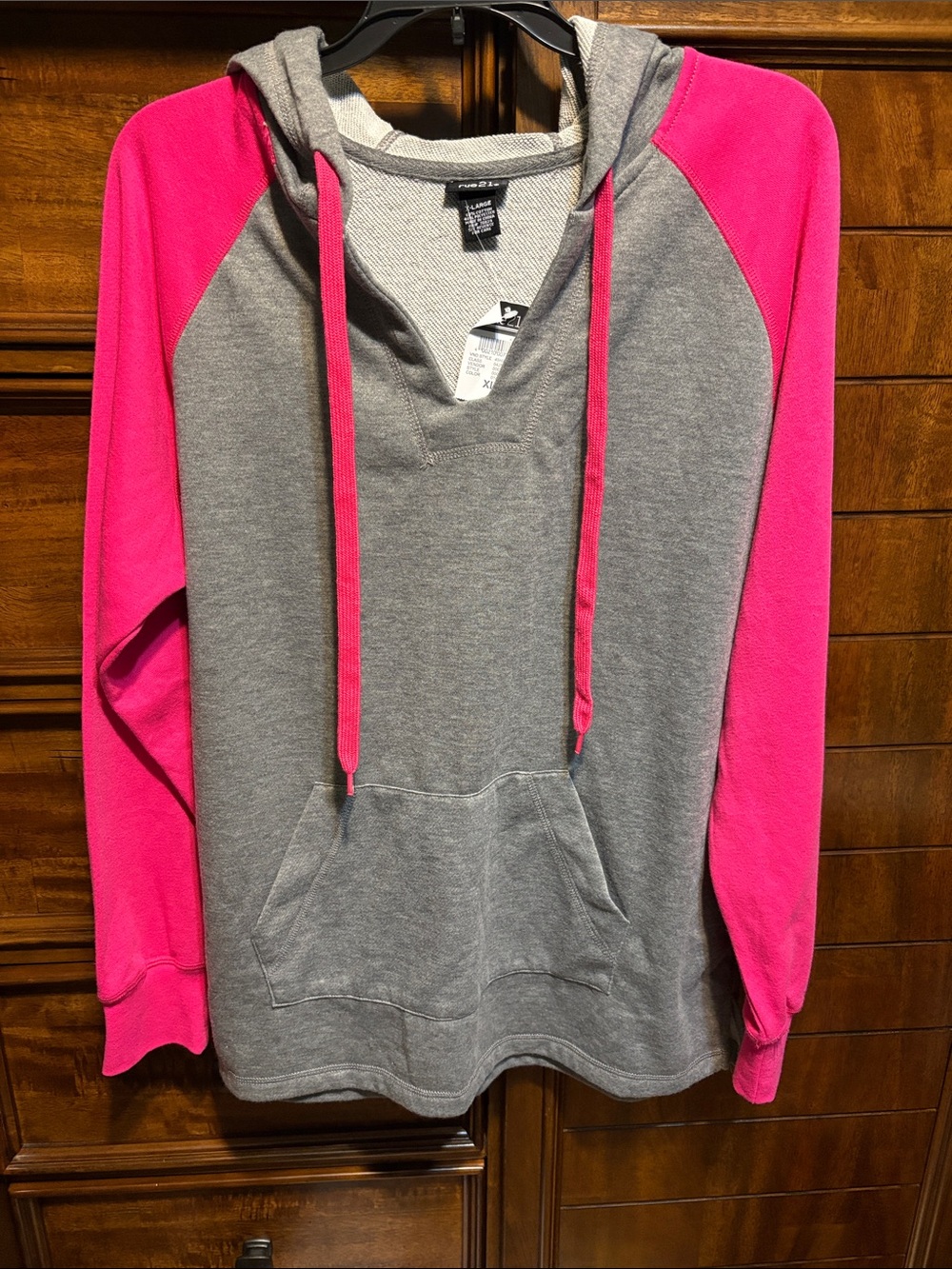 Rue21 Grey Hoodie with Hot Pink Raglan Sleeves